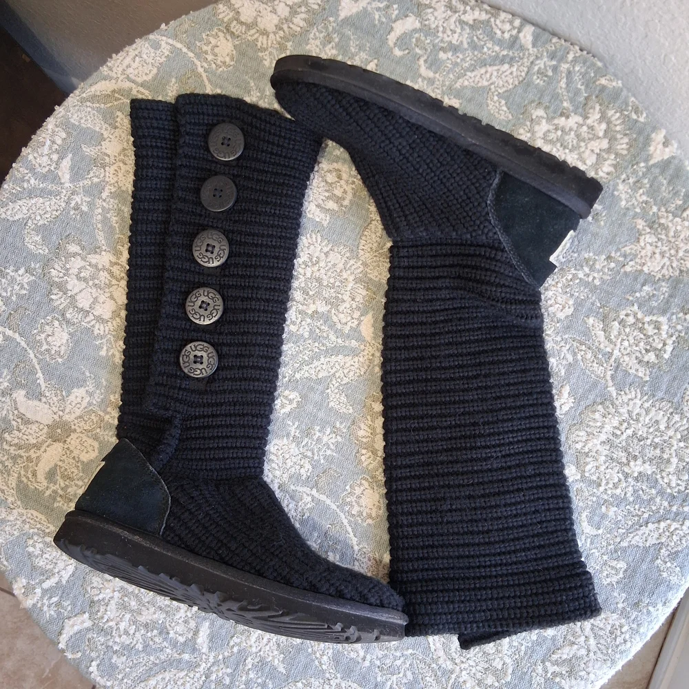 UGG Australia Black Cardy Tall Knit Fold-Over Boots Sz 8 Cozy Cozy Classic